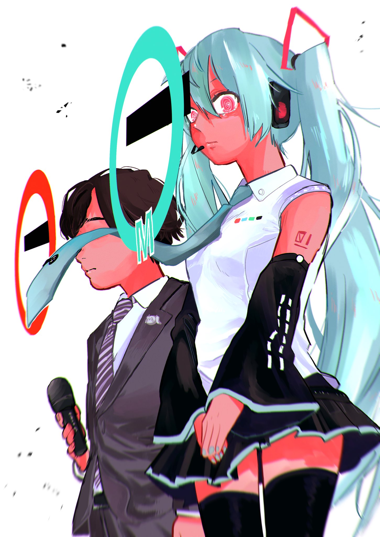 1boy, 1girl, @_@, alternate_eye_color, anonymous_m_(vocaloid), aqua_necktie, arufa_faru, bar_censor, belt, black_hair, black_skirt, black_sleeves, black_thighhighs, blurry, censored, character_pin, closed_mouth, collared_shirt, commentary, covered_eyes, cowboy_shot, crazy_eyes, depth_of_field, detached_sleeves, dress_shirt, expressionless, formal, from_side, goechipi, hair_between_eyes, hair_ornament, hatsune_miku, hatsune_miku_(vocaloid4), headphones, highres, holding, holding_microphone, identity_censor, long_hair, looking_at_viewer, looking_down, microphone, miniskirt, necktie, number_tattoo, own_hands_together, pink_eyes, shirt, short_hair, sideways_glance, skirt, sleeveless, sleeveless_shirt, striped_necktie, suit, tattoo, thigh-highs, twintails, uncensored, vocaloid, white_background, white_shirt, wind, wind_lift, zettai_ryouiki