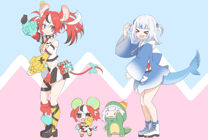 2girls, animal_ears, asymmetrical_legwear, asymmetrical_sleeves, blue_hoodie, chibi, dancing, fish_tail, gawr_gura, hakos_baelz, highres, hololive, hololive_english, hood, hoodie, midriff, mouse_ears, mouse_tail, multiple_girls, o_kudake, redhead, shark_tail, sharp_teeth, smol_baelz, smol_gura, strapless, tail, teeth, the_monkey, tube_top, twintails, virtual_youtuber, white_hair