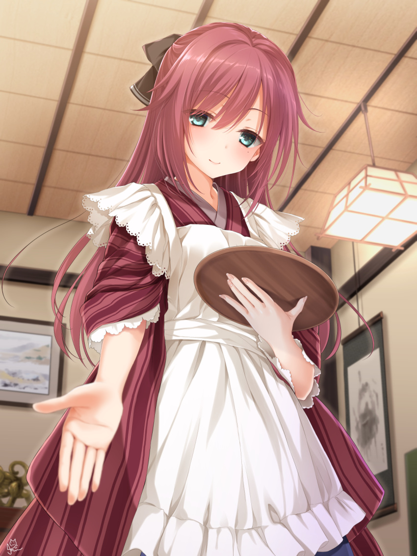 1girl, apron, aqua_eyes, bangs, black_bow, blush, bow, chaamii