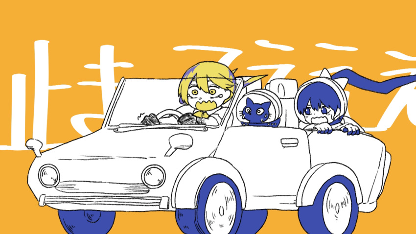 2girls, astronaut, bangs, black_hands, blonde_hair, blue_eyes, blue_hair, bow