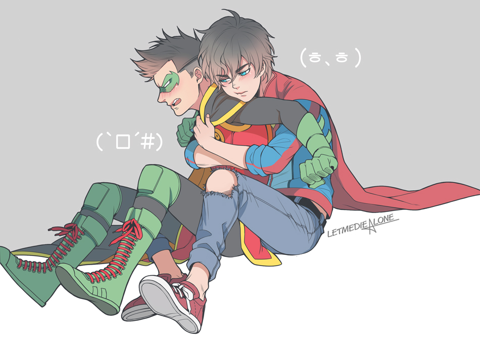 2boys, animification, artist_name, batman_(series), black_hair, blue_eyes, blush, boots