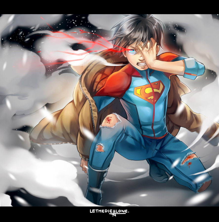 1boy, animification, artist_name, black_hair, blood, blue_eyes, blue_pants, boots, bruise, clenched_teeth, coat, coat_removed, dc_comics, hand_over_eye, injury, jonathan_kent, male_child, male_focus, pants, se-lene, snow_boots, superboy, superman_(series), superman_logo, teeth, torn_clothes, torn_pants
