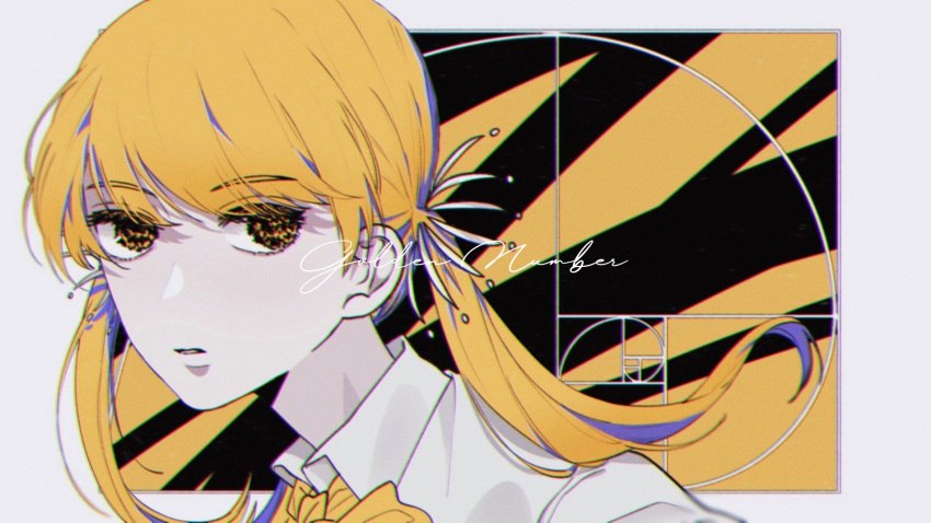 1girl, bangs, blonde_hair, blue_hair, bow, bowtie, collared_shirt, cursive