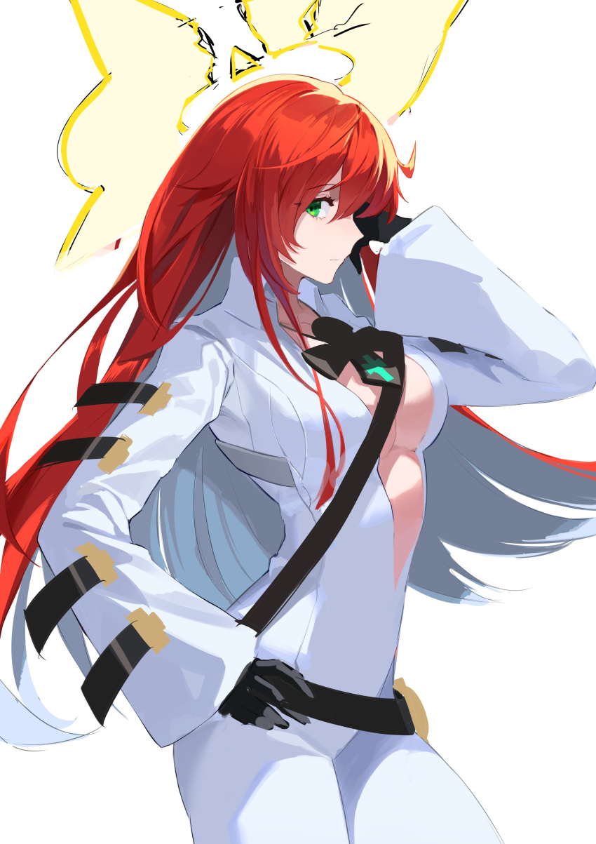 1girl, absurdres, belt, bodysuit, breasts, compass_rose_halo, green_eyes, guilty_gear
