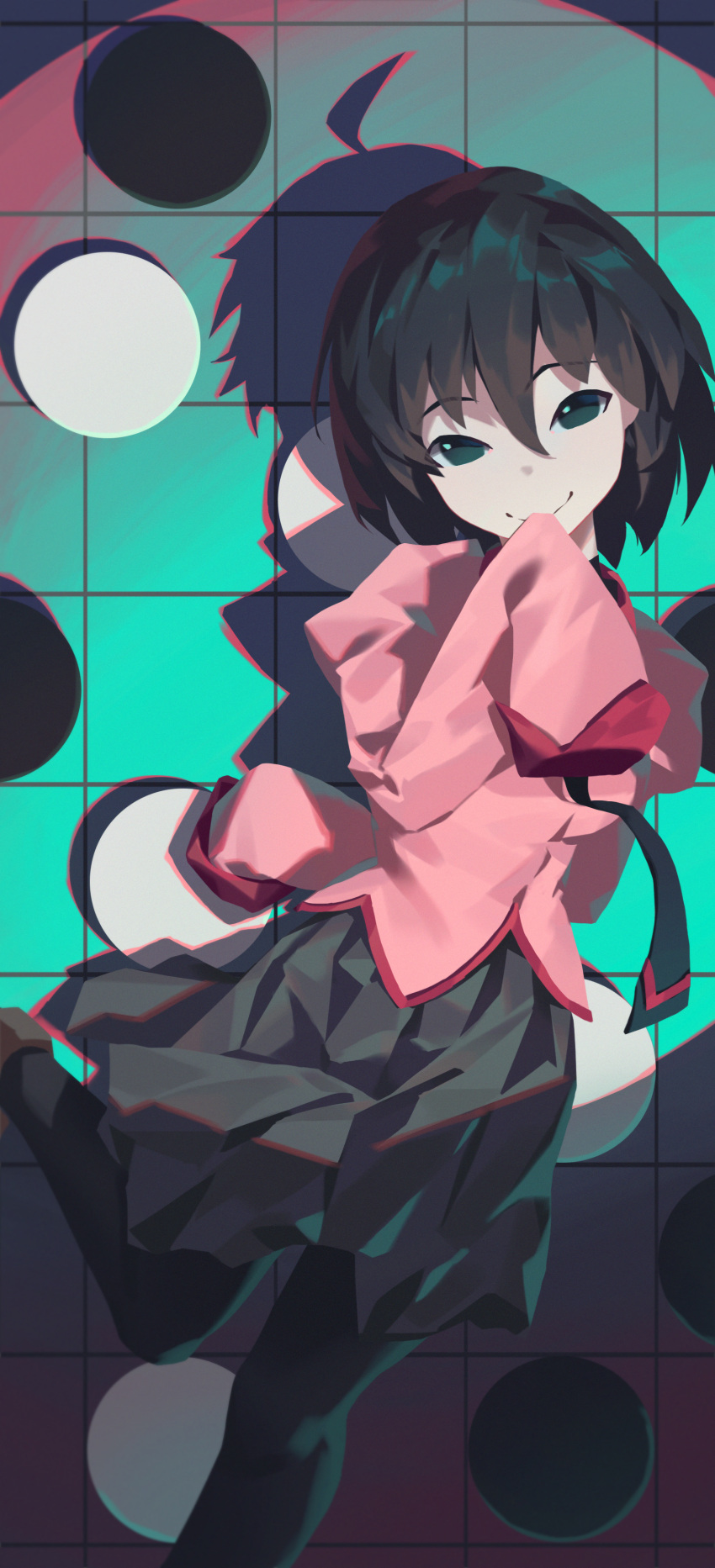 1girl, absurdres, ahoge, araragi_koyomi, arm_behind_back, bangs, black_eyes, black_hair, black_necktie, black_pantyhose, black_skirt, board_game, bob_cut, brown_footwear, chinese_commentary, closed_mouth, commentary, empty_eyes, floating_necktie, foot_up, hair_between_eyes, hand_to_own_mouth, head_tilt, highres, loafers, long_sleeves, looking_at_viewer, monogatari_(series), naoetsu_high_school_uniform, necktie, oshino_ougi, pale_skin, pantyhose, pink_shirt, pleated_skirt, reversi, school_uniform, shadow, shirt, shoes, short_hair, silhouette, skirt, sleeves_past_fingers, sleeves_past_wrists, smile, solo, spoilers, spotlight, standing, yy-_-yy_(yaoyaoyeye)