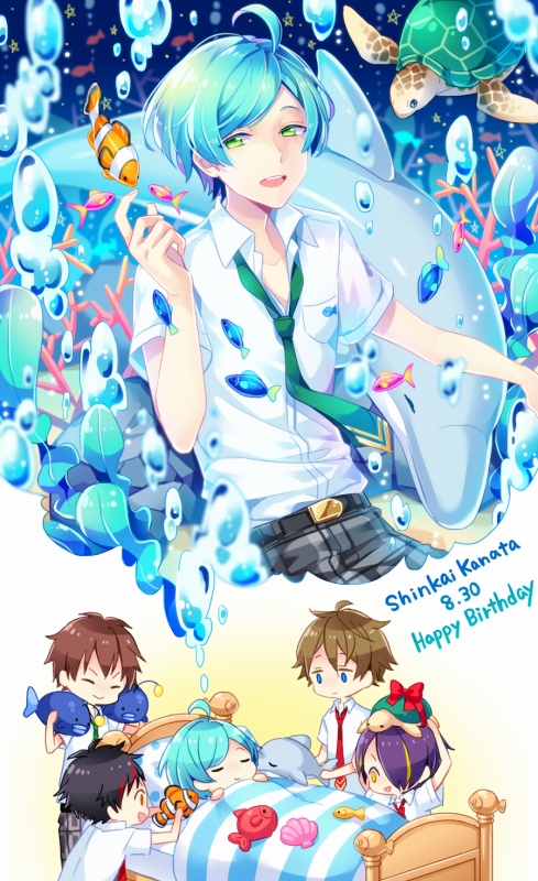 5boys, :d, ahoge, air_bubble, bangs, bed, belt, black_belt, black_hair, blonde_hair, blue_eyes, blue_hair, brown_hair, bubble, character_name, chibi, closed_eyes, closed_mouth, clownfish, collared_shirt, commentary_request, coral, dated, dolphin, dreaming, ensemble_stars!, fish, green_eyes, green_necktie, hair_over_one_eye, hand_up, happy_birthday, kina_(446964), looking_at_viewer, male_focus, morisawa_chiaki, multicolored_hair, multiple_boys, nagumo_tetora, necktie, one_eye_covered, open_mouth, parted_bangs, red_necktie, redhead, ryuuseitai_(ensemble_stars!), school_uniform, sea_turtle, seaweed, sengoku_shinobu, shinkai_kanata, shirt, shirt_tucked_in, short_hair, short_sleeves, sidelocks, sleeping, smile, speech_bubble, standing, star_(symbol), streaked_hair, stuffed_anglerfish, stuffed_animal, stuffed_clownfish, stuffed_dolphin, stuffed_fish, stuffed_toy, stuffed_turtle, swept_bangs, takamine_midori, thought_bubble, turtle, under_covers, underwater, v-shaped_eyebrows, white_shirt, yellow_eyes