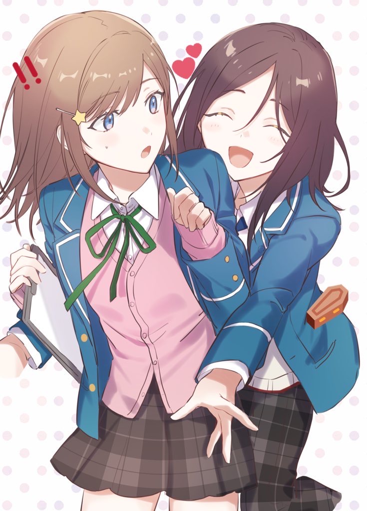 1boy, 1girl, androgynous, anzu_(ensemble_stars!), black_hair, blazer, blue_eyes, blue_jacket, brown_hair, closed_eyes, collared_shirt, ensemble_stars!, hair_ornament, hug, hug_from_behind, jacket, kurone_hitsugi, long_hair, long_sleeves, pants, plaid, plaid_pants, plaid_skirt, school_uniform, shirt, skirt, star_(symbol), star_hair_ornament, sushi_171, white_background, white_shirt, yumenosaki_school_uniform