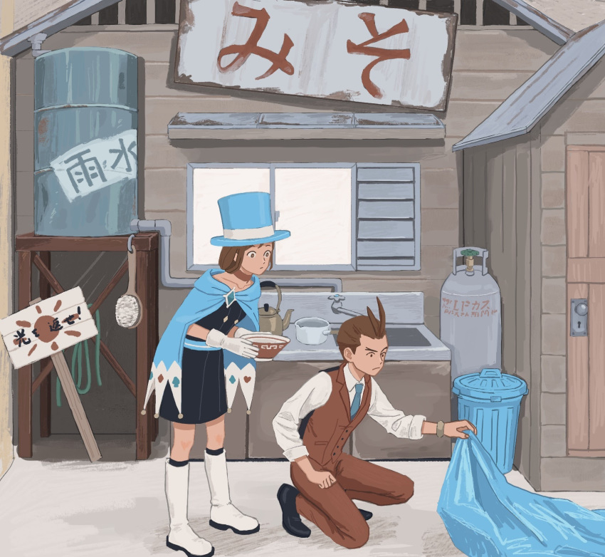 1boy, 1girl, 23011620x, ace_attorney, antenna_hair, apollo_justice, apollo_justice:_ace_attorney, black_dress