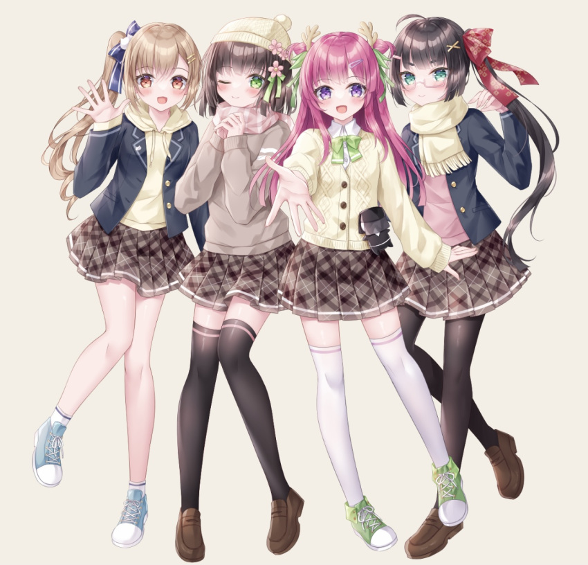 4girls, :d, ;), antlers, beanie, black_hair, black_jacket, black_pantyhose