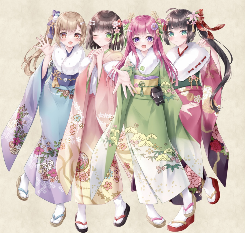 4girls, :d, ;), antlers, black_footwear, black_hair, blue_bow, blue_kimono, blush, boude_miu, bow, brown_background, brown_footwear, brown_hair, closed_mouth, commentary_request, cone_hair_bun, floral_print, flower, fur_collar, green_eyes, green_kimono, hair_bow, hair_bun, hair_flower, hair_ornament, japanese_clothes, kimono, kohinata_hoshimi, long_hair, long_sleeves, midorikawa_sakura, multiple_girls, obi, one_eye_closed, original, pink_flower, pink_hair, pink_kimono, print_kimono, purple_flower, red_eyes, red_footwear, red_kimono, sash, side_ponytail, smile, socks, tabi, two_side_up, very_long_hair, violet_eyes, white_socks, wide_sleeves, zouri