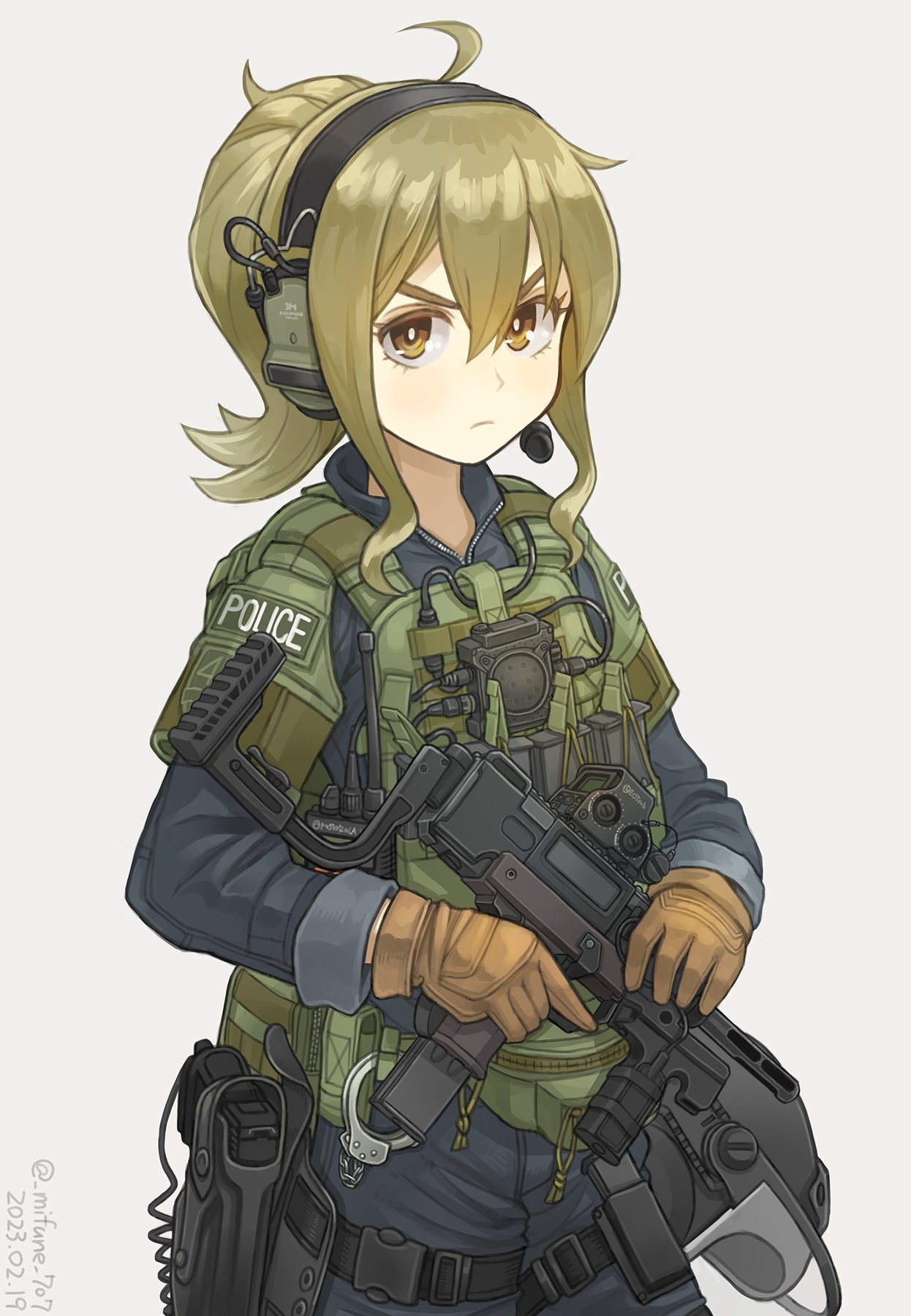 1girl, ahoge, blonde_hair, blue_jacket, blue_pants, brown_gloves, closed_mouth, commentary_request