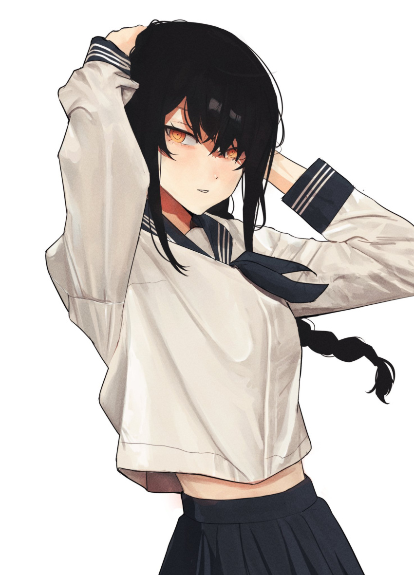 1girl, bangs, black_hair, blue_neckerchief, blue_sailor_collar, braid, braided_ponytail, chainsaw_man