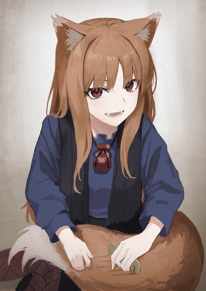 1girl, animal_ear_fluff, animal_ears, bangs, black_vest, blue_shirt, brown_hair, brushing