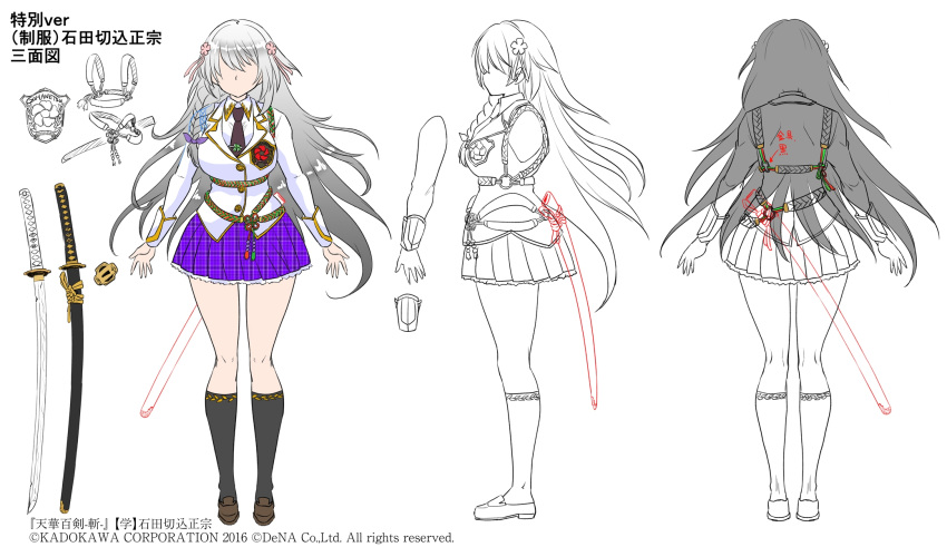 arms_at_sides, blazer, braid, facing_viewer, from_behind, from_side, grey_hair, hair_ornament, highres, ishidakirikomi_masamune, jacket, kneehighs, loafers, long_hair, mizuki_takehito, necktie, plaid, plaid_skirt, reference_sheet, rope, scabbard, school_uniform, sheath, shoes, skirt, socks, tachi_(weapon), tenka_hyakken, wing_collar, x-ray