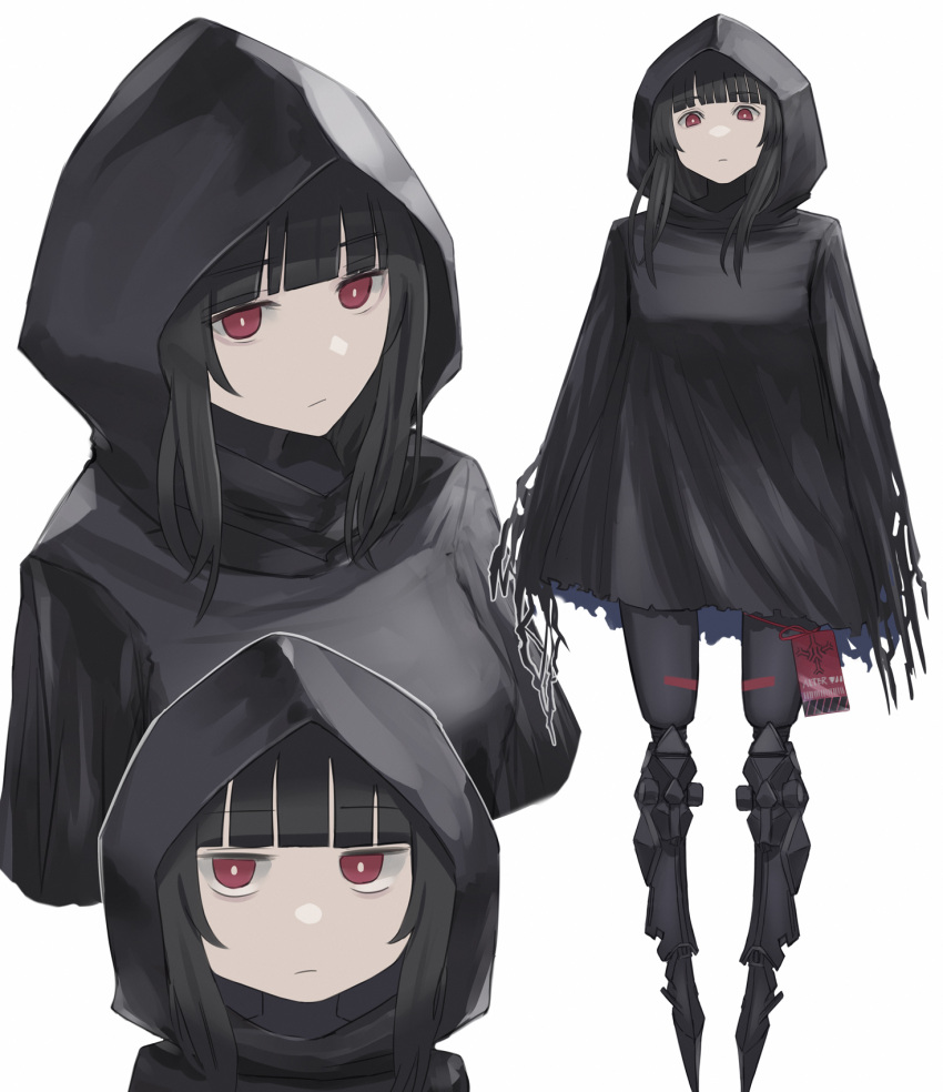 1girl, asakiri_koko, bangs, black_hair, blunt_bangs, breasts, cloak, commission, cyborg, expressionless, full_body, girls_frontline, highres, hood, hooded_cloak, isomer_(girls'_frontline), long_hair, looking_at_viewer, mechanical_legs, medium_breasts, medium_hair, multiple_views, nyto_(girls'_frontline), paradeus, red_eyes, skeb_commission, torn_clothes, transparent_background