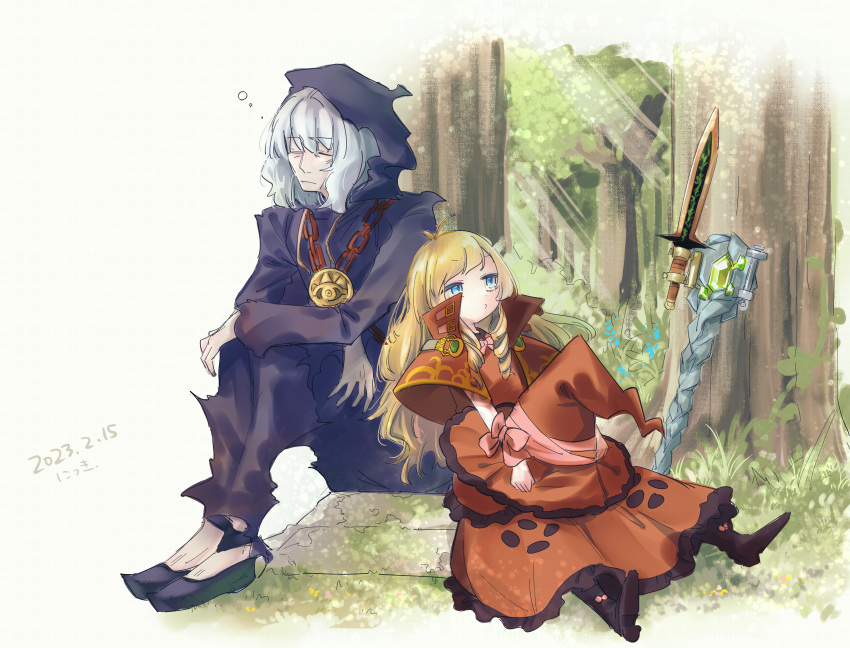 1boy, 1girl, absurdres, black_footwear, blonde_hair, blue_eyes, character_request, closed_eyes