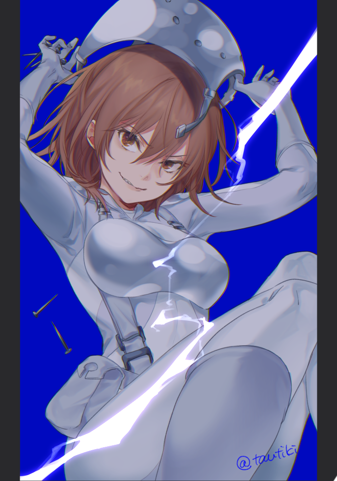 1girl, armor, arms_up, blue_background, breasts, brown_eyes, brown_hair, cowboy_shot