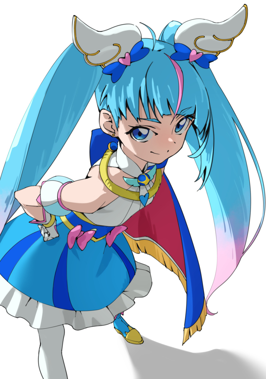 1girl, absurdres, antenna_hair, bangs, bare_shoulders, blue_cape, blue_dress, blue_eyes