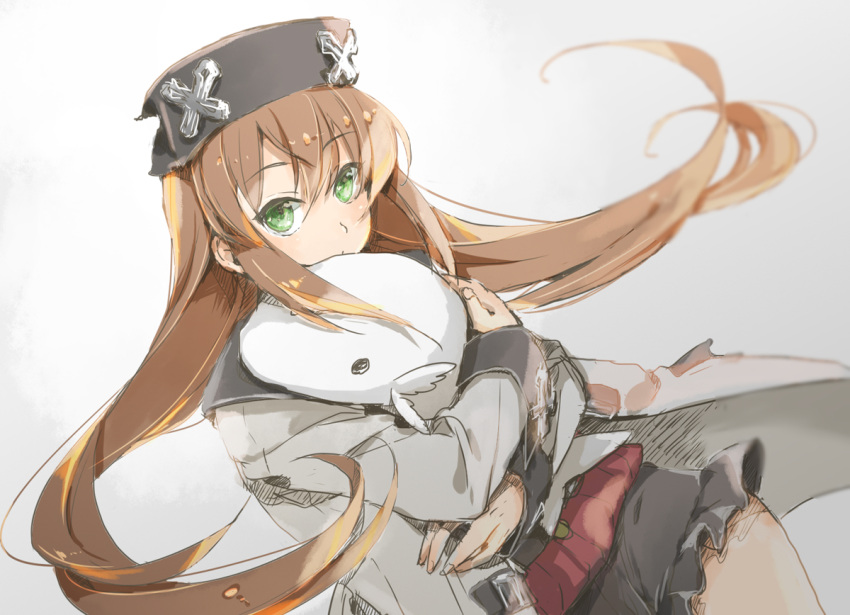 1girl, black_headwear, black_skirt, brown_hair, coat, el_mofus_3_(rance_10), green_eyes, grey_coat