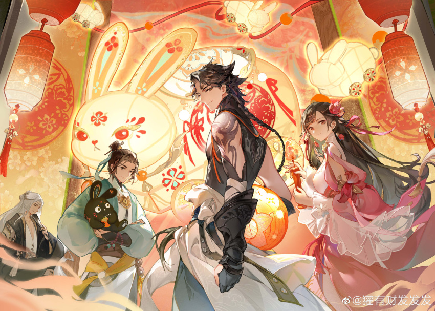 1girl, 3boys, absurdres, bangs, black_hair, chinese_clothes, festival, hand_fan, hanfu, highres, holding, holding_fan, huanyoucai, lantern, long_hair, long_sleeves, looking_at_viewer, looking_back, multiple_boys, original, paper_lantern, parted_bangs, rabbit, tassel, white_hair, wide_sleeves