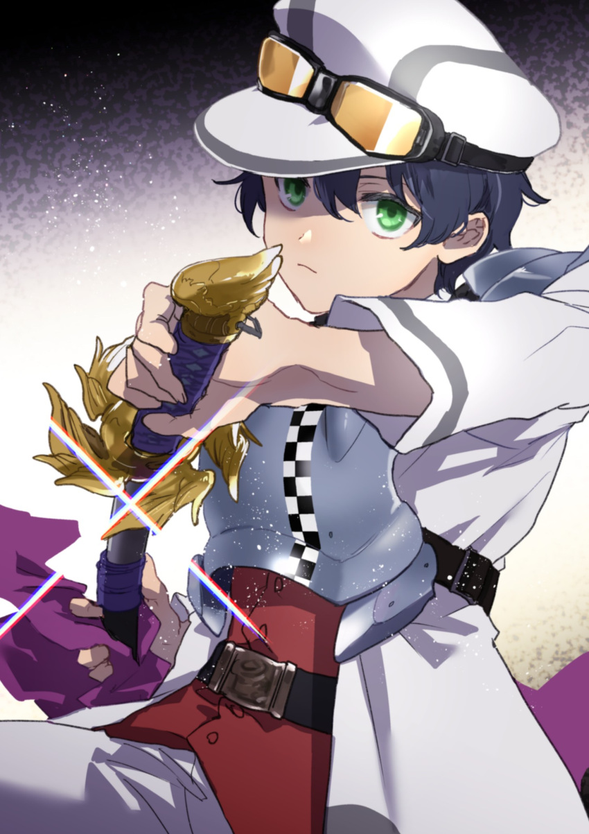 1boy, armor, belt, black_belt, black_hair, breastplate, coat, drawing_sword