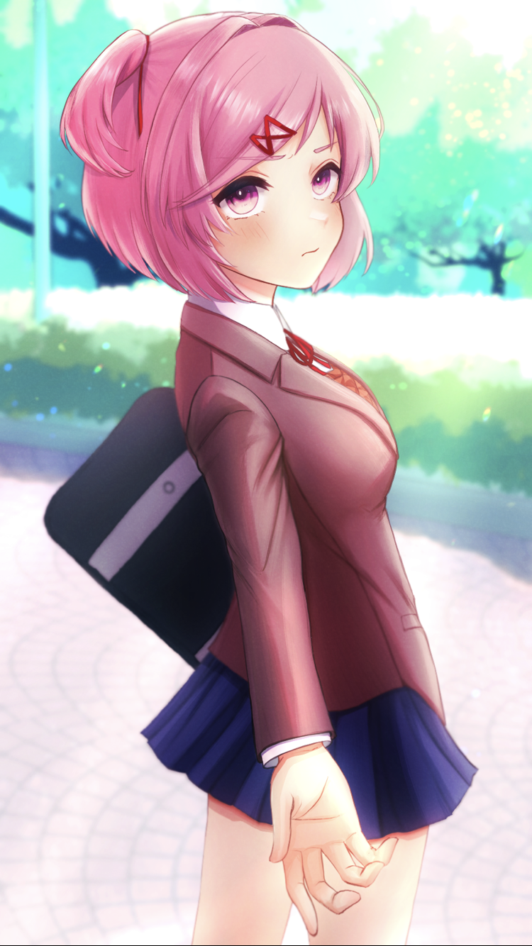 1girl, bag, bangs, blazer, blue_skirt, blurry, blurry_background, blush