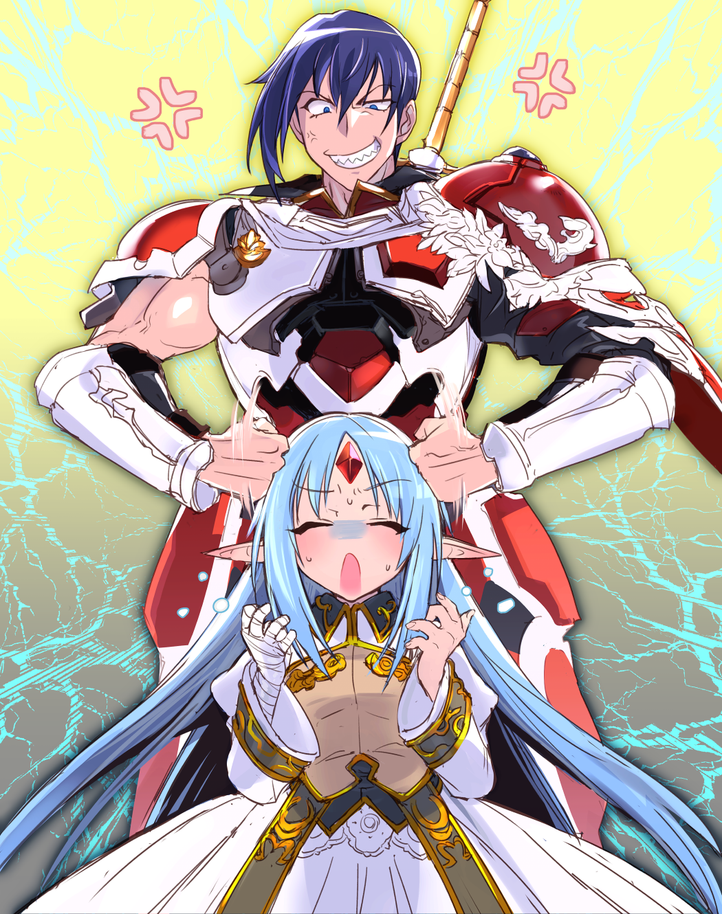 1boy, 1girl, anger_vein, angry, armor, bandaged_arm, bandages, blue_eyes