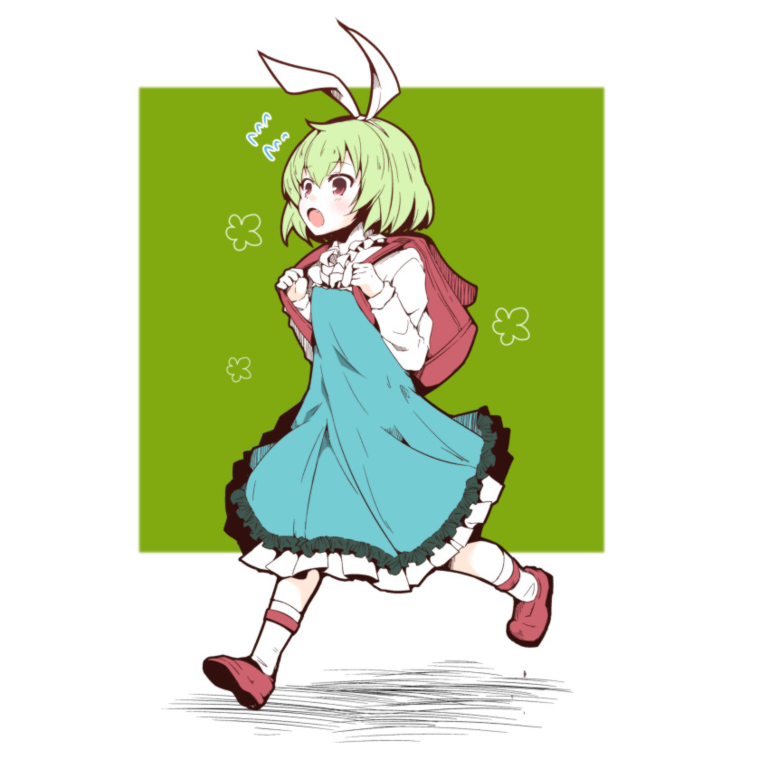 1girl, almond_sharp, backpack, bag, blue_dress, brown_eyes, child, dress, fang, female_child, frilled_dress, frills, green_hair, hairband, highres, marianne_hanako, open_mouth, rance_(series), rance_10, randoseru, red_footwear, running, short_hair, short_socks, simple_background, socks, white_dress, white_hairband, white_socks