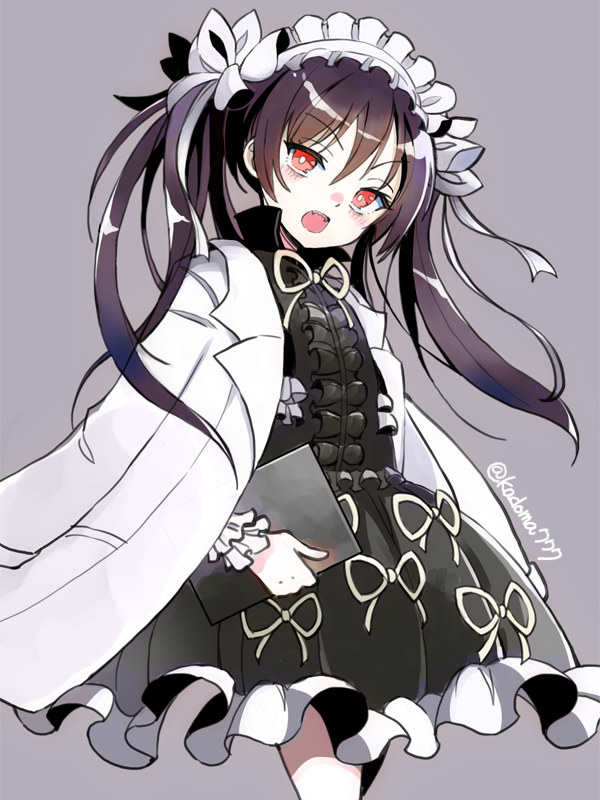 1girl, bangs, black_dress, bow, dress, frilled_hairband, frills, grey_background