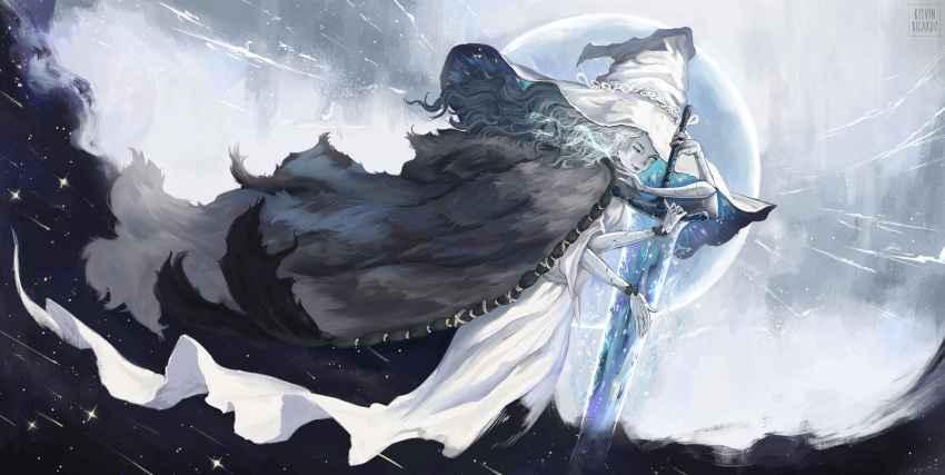 1girl, black_lips, brown_cloak, cloak, closed_mouth, colored_skin, commentary, cracked_skin, doll_joints, dress, elden_ring, english_commentary, extra_arms, extra_faces, facial_tattoo, floating_hair, fur_cloak, glowing_tattoo, greatsword, grey_skin, hat, highres, holding, holding_sword, holding_weapon, joints, kelvin_ricardo, large_hat, lips, long_hair, looking_at_viewer, moon, moonlight_greatsword, one_eye_closed, planted, planted_sword, ranni_the_witch, smile, solo, sword, tattoo, wavy_hair, weapon, white_dress, white_hair, witch, witch_hat