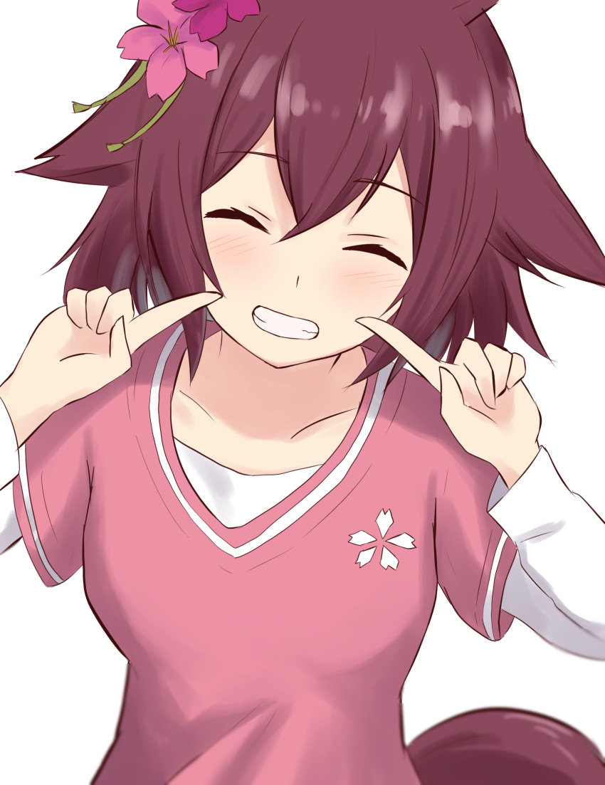 1girl, ^_^, animal_ears, closed_eyes, facing_viewer, finger_to_cheek, flipped_hair, flower