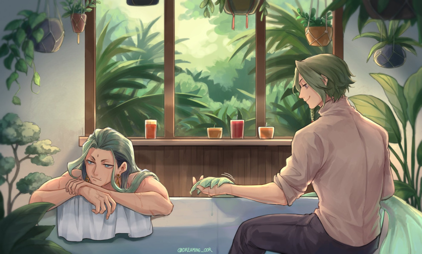 2boys, artist_name, bathing, bathtub, black_pants, blue_eyes, braid, bright_pupils, brown_shirt, buddha_(shuumatsu), candle, closed_mouth, dreaming_oor, earrings, facial_mark, feet_out_of_frame, fins, forehead_mark, green_hair, hanging_plant, head_rest, highres, holding_hands, indoors, jewelry, loki_(shuumatsu), long_hair, looking_to_the_side, male_focus, monster_boy, monsterification, multiple_boys, pants, partially_submerged, plant, shirt, short_eyebrows, short_hair, shuumatsu_no_valkyrie, sitting, sleeves_pushed_up, sunlight, taur, thai_commentary, towel, turtleneck, tusks, twitter_username, wet, window