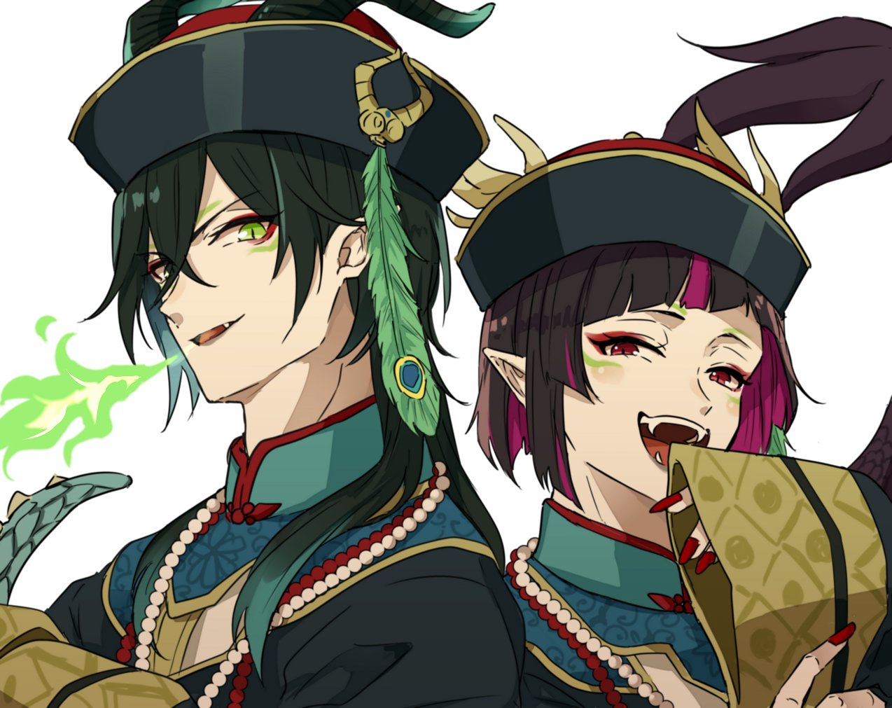androgynous, black_hair, chinese_clothes, corpse, fang, fangs, green_eyes, hat, jiangshi, lilia_vanrouge, looking_at_viewer, malleus_draconia, multicolored_hair, ofuda, otoufu_(mayu1003r), pale_skin, pink_hair, pointy_ears, red_eyes, short_hair, smile, twisted_wonderland, undead, zombie