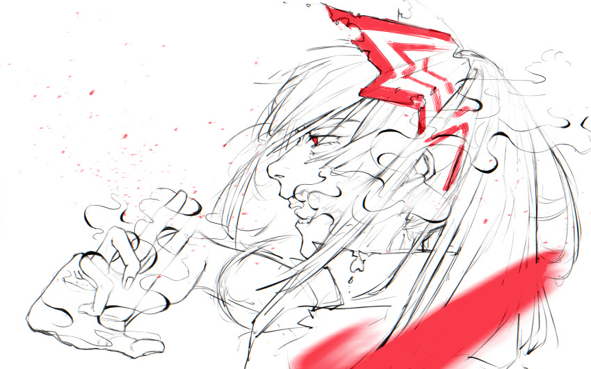 1girl, absurdres, burnt_clothes, collared_shirt, commentary_request, from_side, fujiwara_no_mokou, greyscale