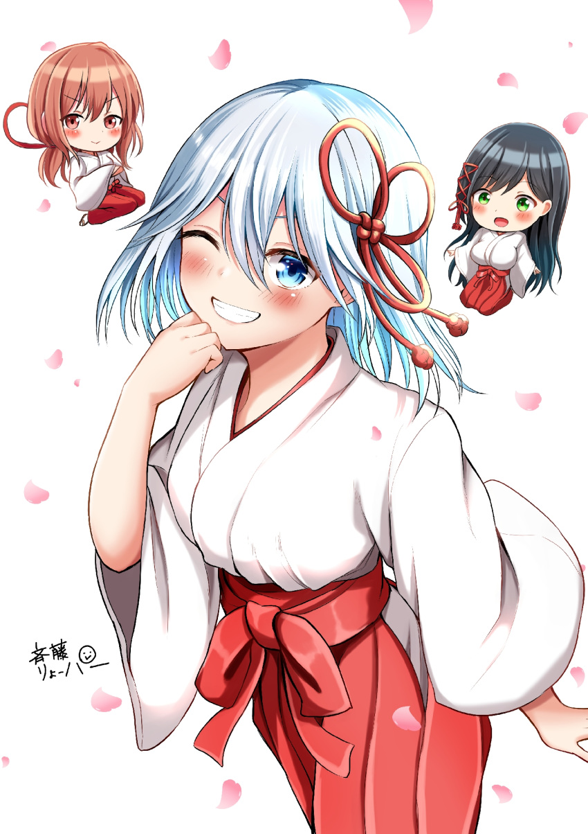 3girls, amagami-san_chi_no_enmusubi, amagami_asahi, amagami_yae, amagami_yuna, black_hair, blue_hair, blush