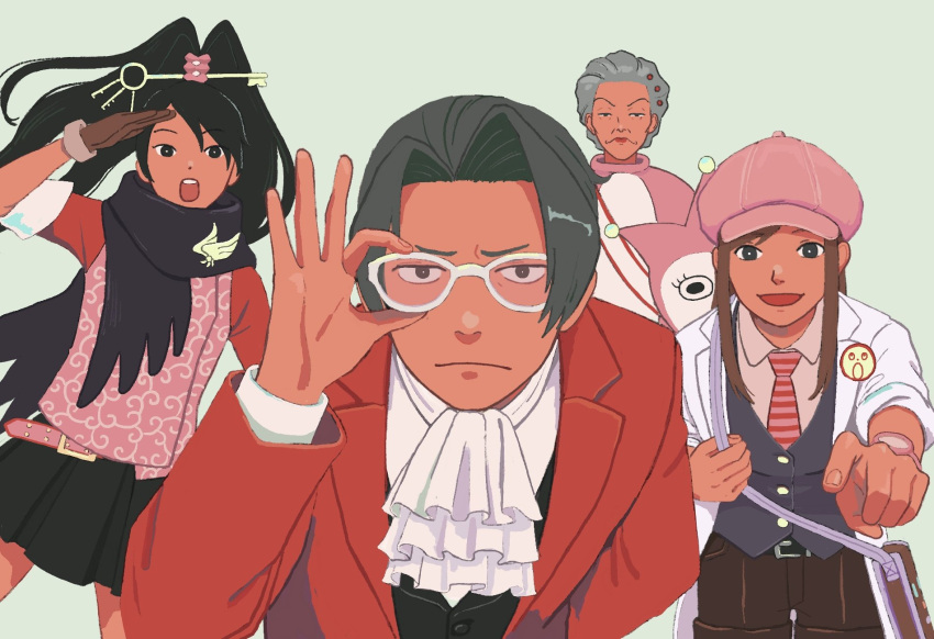 1boy, 23011620x, 3girls, ace_attorney, ace_attorney_investigations, ace_attorney_investigations:_miles_edgeworth, arm_behind_back, ascot