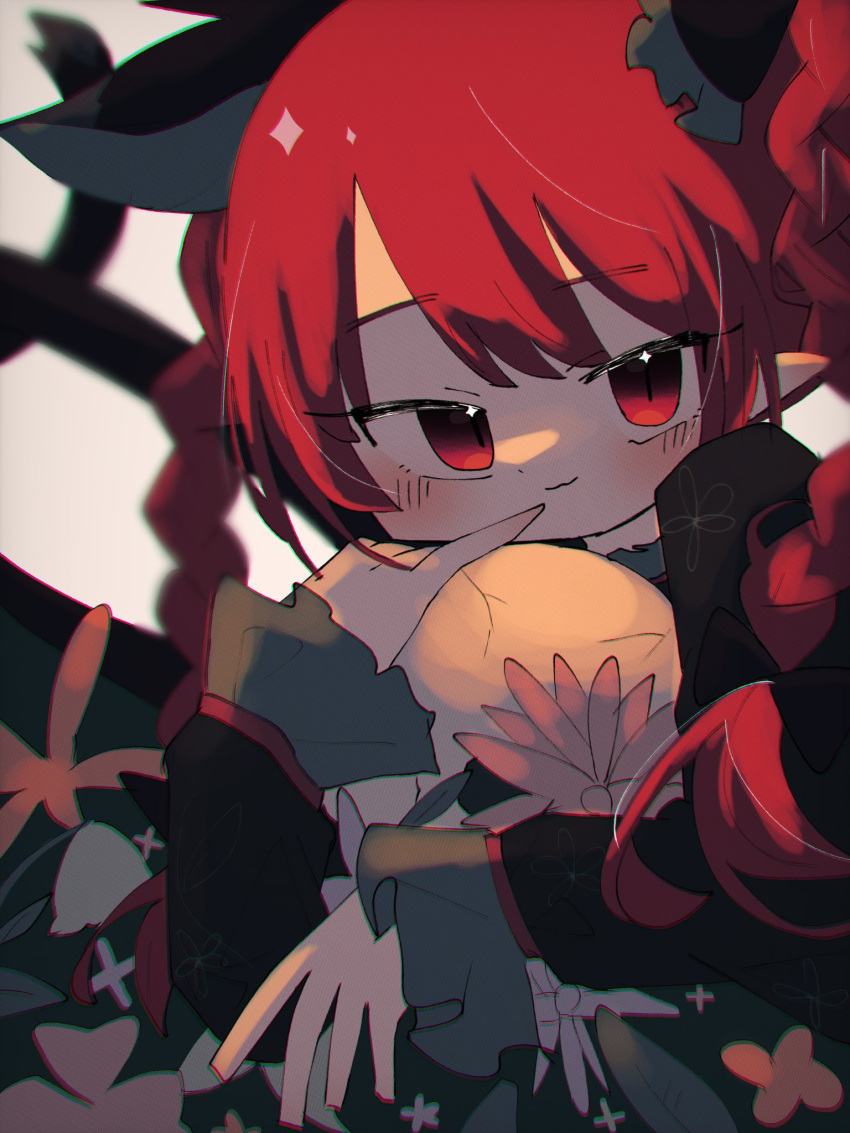 1girl, :3, animal_ears, black_dress, blurry, blush, braid, cat_ears