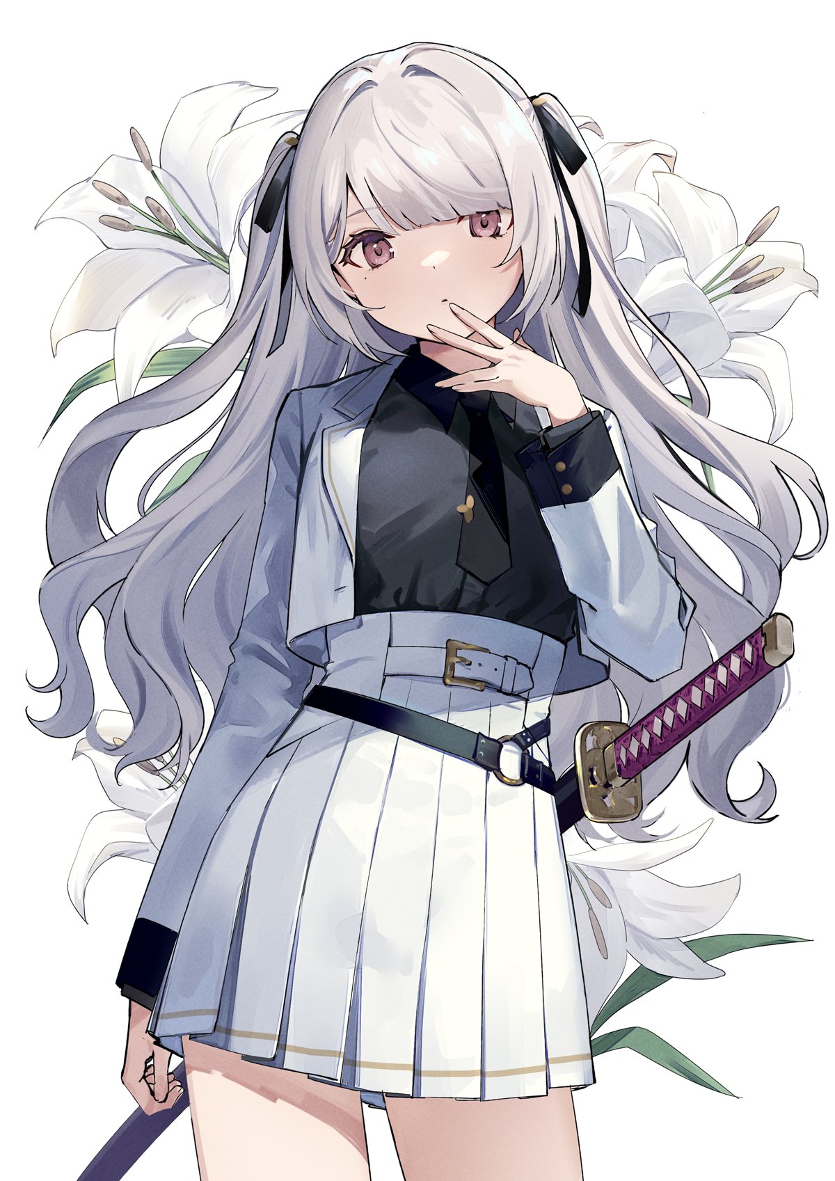 1girl, bangs, belt, black_necktie, black_ribbon, cowboy_shot, finger_to_mouth, flower