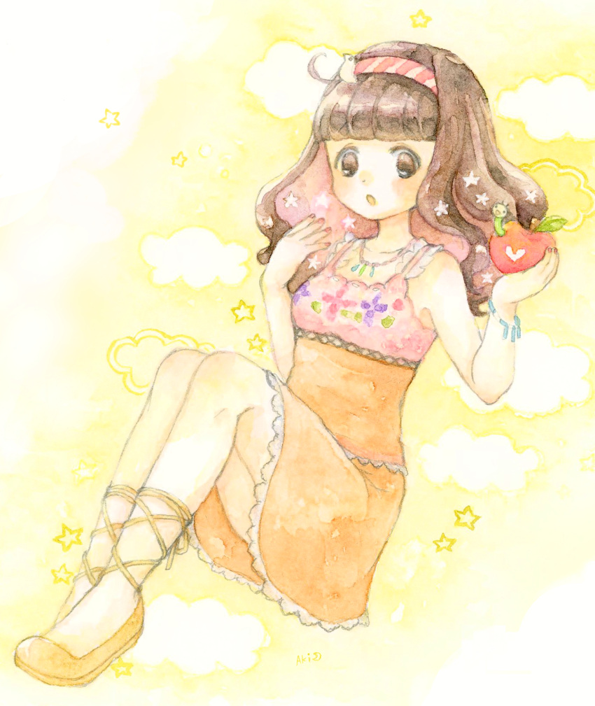 1girl, apple, bracelet, brown_eyes, brown_hair, clouds, dress, food