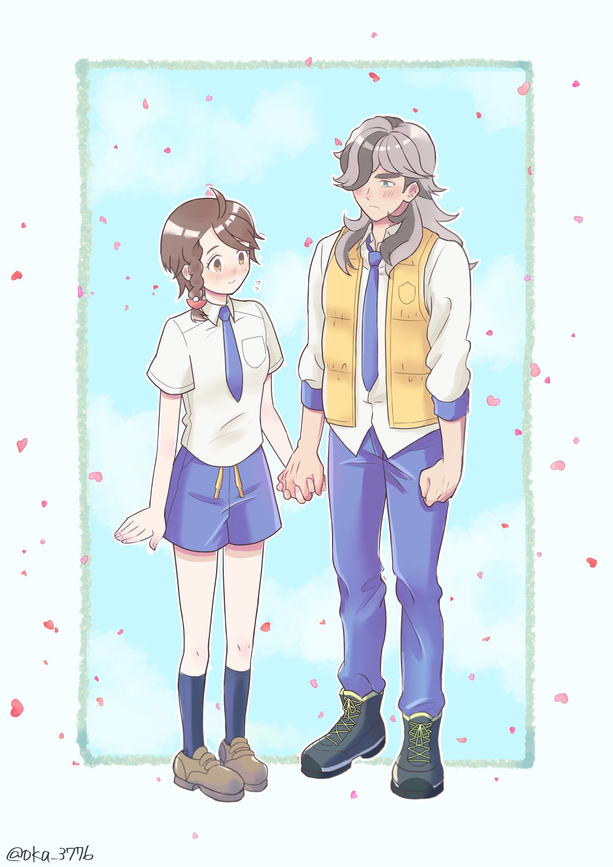1boy, 1girl, arven_(pokemon), black_socks, blush, boots, braid, breast_pocket