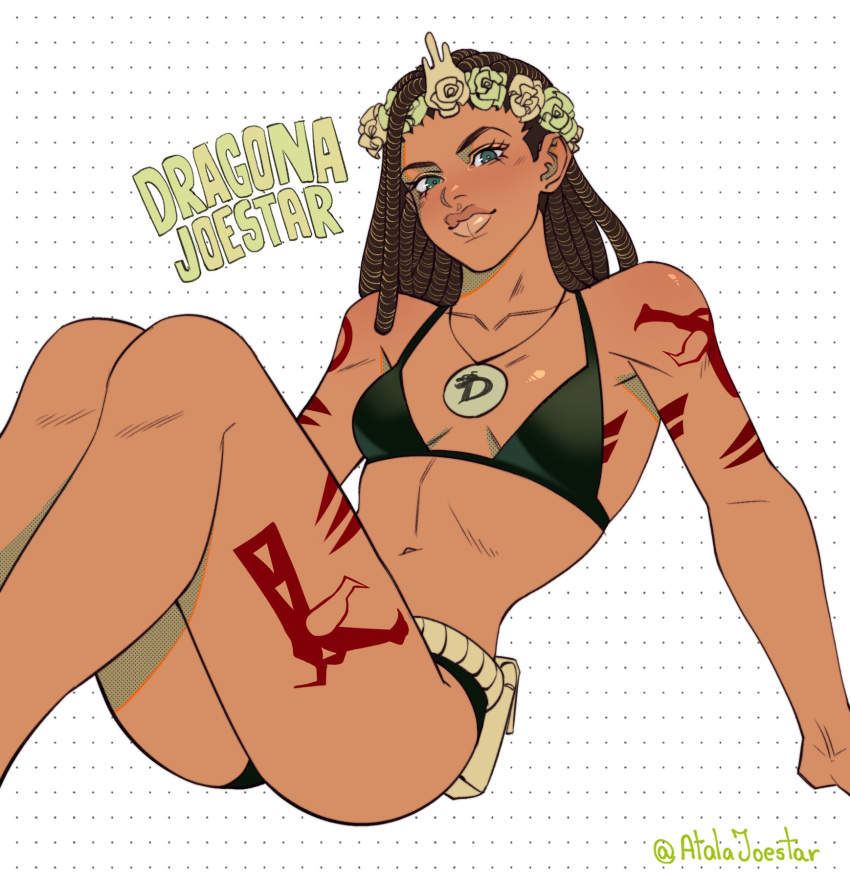 1other, androgynous, arm_tattoo, artist_name, atalajoestar, bikini, black_bikini, black_hair