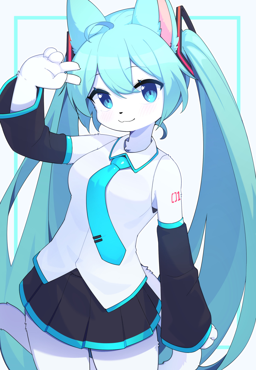 1girl, :3, absurdres, ahoge, animal_ears, animal_nose, aqua_hair, black_skirt