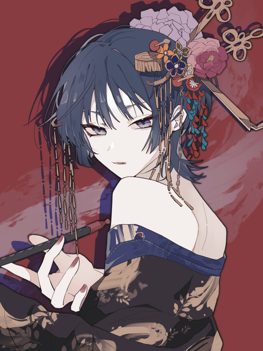 1boy, bare_shoulders, bishounen, crossdressing, flower, genshin_impact, hair_flower, hair_ornament, highres, holding, holding_smoking_pipe, japanese_clothes, looking_at_viewer, looking_back, male_focus, purple_hair, red_nails, scaramouche_(genshin_impact), short_hair, sin65644, smoking_pipe, solo