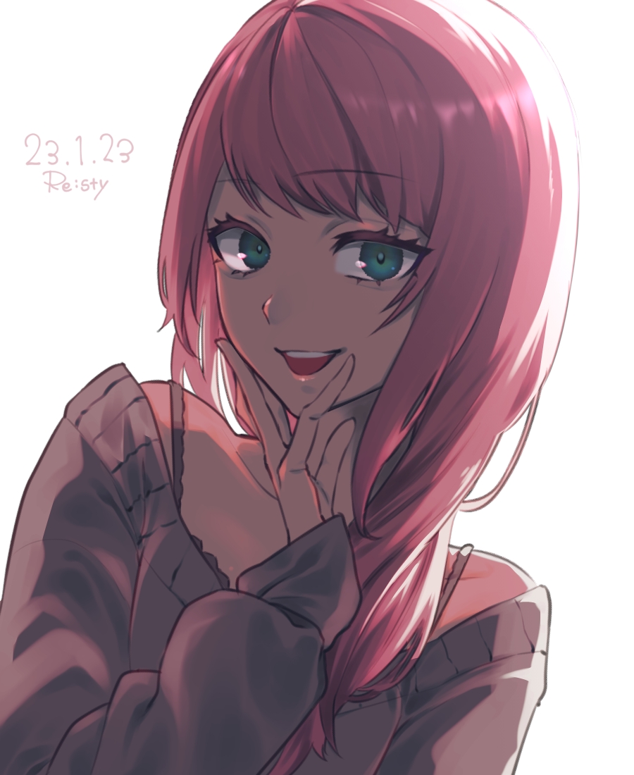 1girl, asahina_akane_(nijisanji), bangs, black_bra, bra, collarbone, dutch_angle, finger_to_cheek, green_eyes, grey_sweater, hair_over_shoulder, lipstick, long_sleeves, looking_at_viewer, makeup, nijisanji, off-shoulder_sweater, off_shoulder, official_alternate_costume, open_mouth, re:sty, redhead, simple_background, smile, solo, sweater, underwear, upper_body, virtual_youtuber, white_background