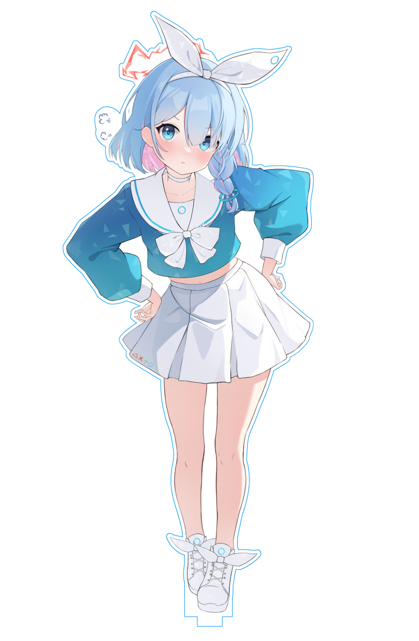 1girl, :t, acrylic_stand, arona_(blue_archive), blue_archive, blue_eyes, blue_hair, blue_shirt, blush, bow, bow_hairband, bowtie, braid, choker, colored_inner_hair, commentary_request, crop_top, full_body, hairband, halo, hands_on_hips, highres, leaning_to_the_side, light_blue_hair, long_sleeves, looking_at_viewer, multicolored_hair, navel, nonddu, pink_hair, pleated_skirt, pout, sailor_collar, school_uniform, serafuku, shirt, short_hair, side_braid, simple_background, single_braid, skirt, solo, thighs, two-tone_hair, v-shaped_eyebrows, white_background, white_bow, white_bowtie, white_choker, white_hairband, white_sailor_collar