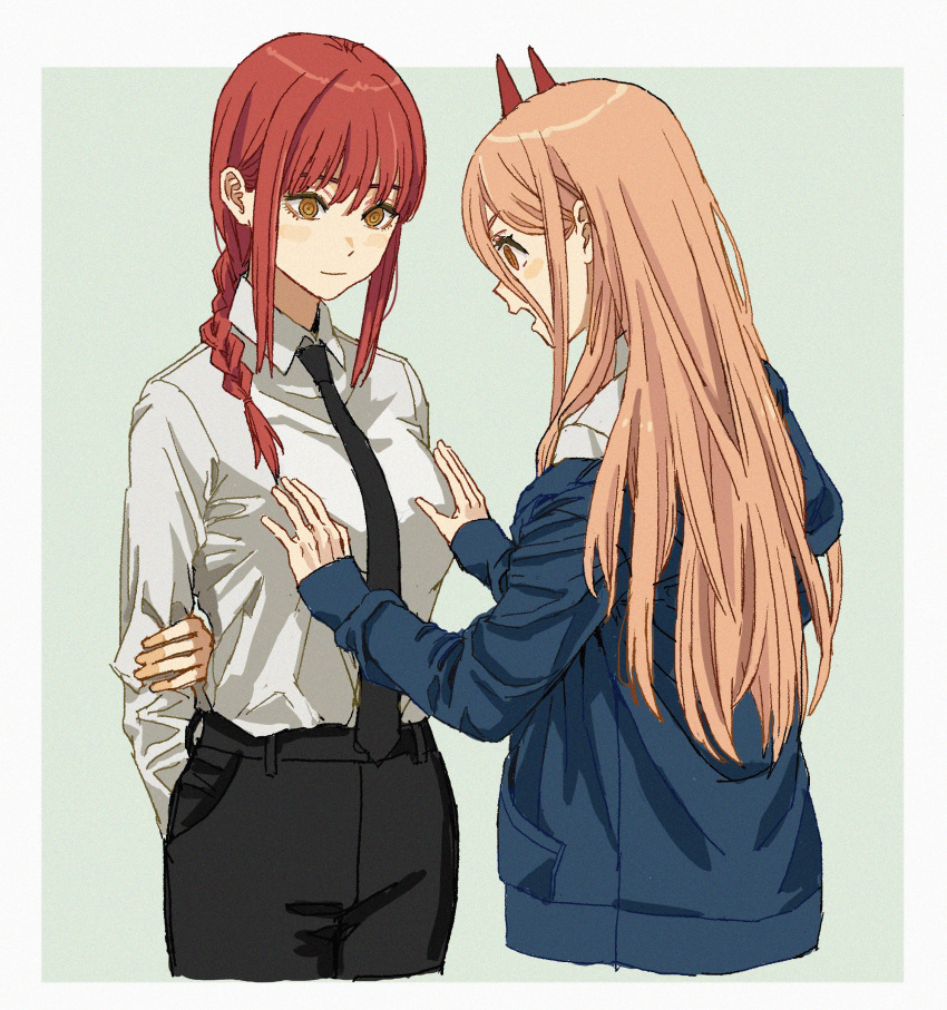 2girls, absurdres, arm_behind_back, bangs, black_necktie, black_pants, blonde_hair, blue_hoodie, braid, braided_ponytail, breast_grab, chainsaw_man, collared_shirt, grabbing, hair_over_shoulder, highres, hood, hoodie, long_hair, looking_at_another, makima_(chainsaw_man), medium_hair, multiple_girls, necktie, pants, power_(chainsaw_man), redhead, ringed_eyes, shiren_(ourboy83), shirt, shirt_tucked_in, sidelocks, white_shirt, yellow_eyes