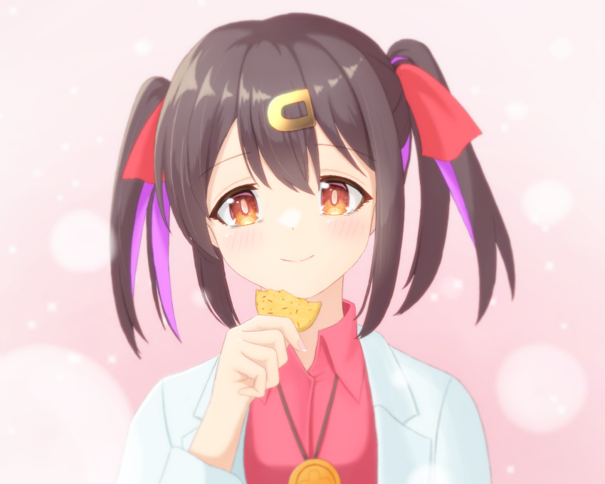 1girl, bangs, black_hair, bolo_tie, brown_eyes, bubble_background, commentary, cookie, food, hair_between_eyes, hair_ornament, hair_ribbon, hairclip, happy_tears, highres, holding, holding_cookie, holding_food, k-d, light_blush, long_sleeves, looking_at_viewer, multicolored_hair, onii-chan_wa_oshimai!, open_labcoat, oyama_mihari, pink_background, portrait, purple_hair, red_ribbon, red_shirt, ribbon, shirt, simple_background, smile, solo, streaked_hair, tearing_up, tears, twintails, two-tone_hair, wing_collar
