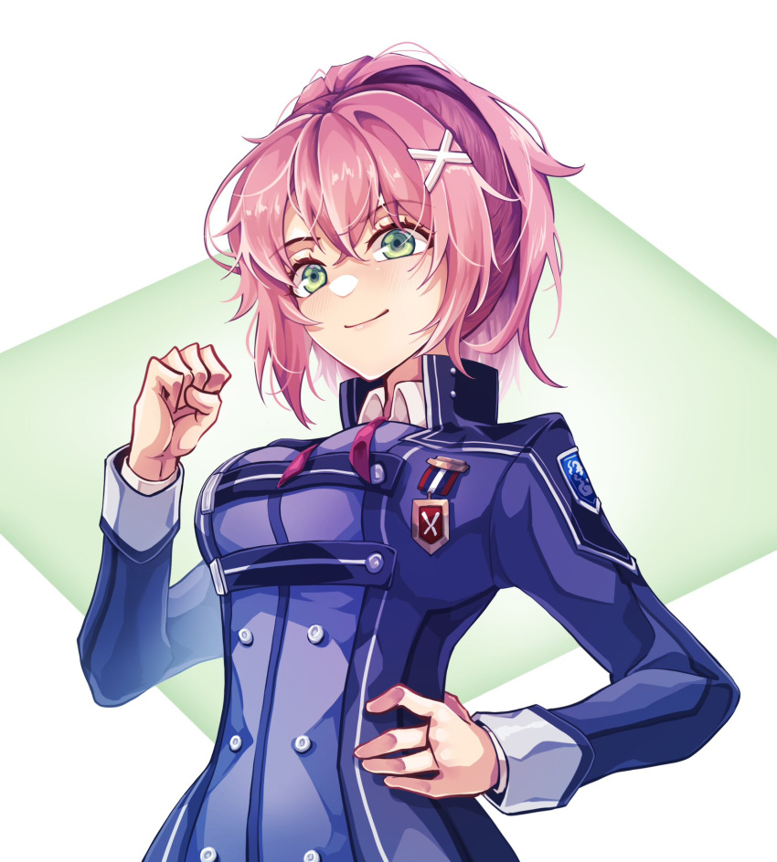 1girl, clenched_hand, eiyuu_densetsu, green_eyes, hand_on_hip, highres, jacket, juna_crawford, meowpie, pink_hair, school_uniform, sen_no_kiseki, sen_no_kiseki_iii, short_hair, simple_background, smile, solo, thors_military_academy_branch_campus_uniform, uniform, upper_body