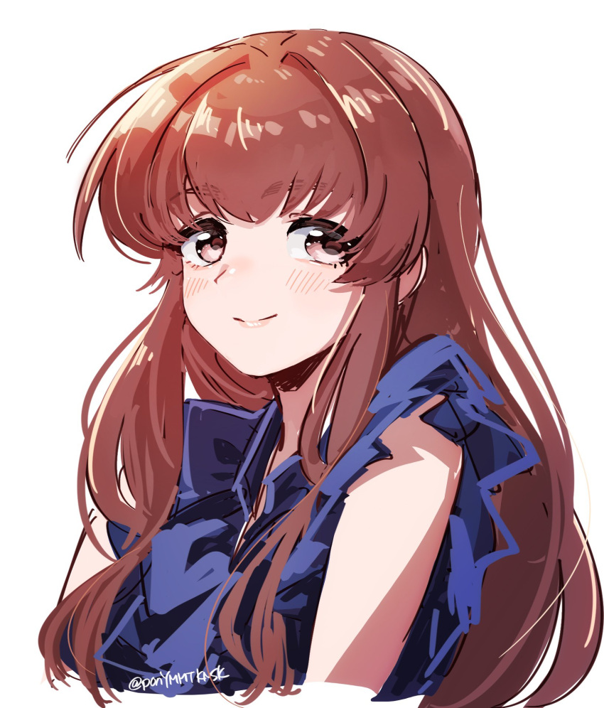 1girl, blue_shirt, blush, brown_hair, cropped_torso, hair_intakes, hattori_toko, highres