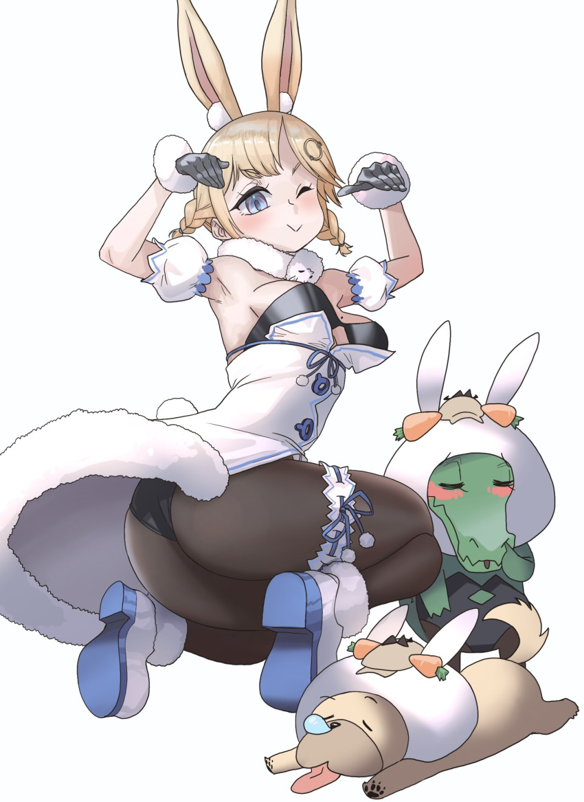 1girl, animal_ear_fluff, animal_ears, bangs, bare_shoulders, black_gloves, blonde_hair, blue_eyes